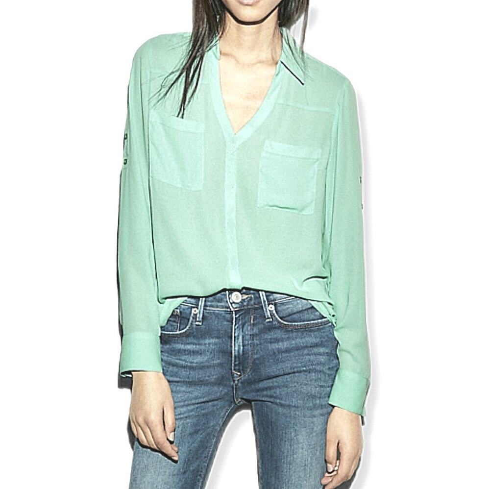 Express Women Mint Green Portofino Blouse Top Shirt M Preppy Career Chic Casual